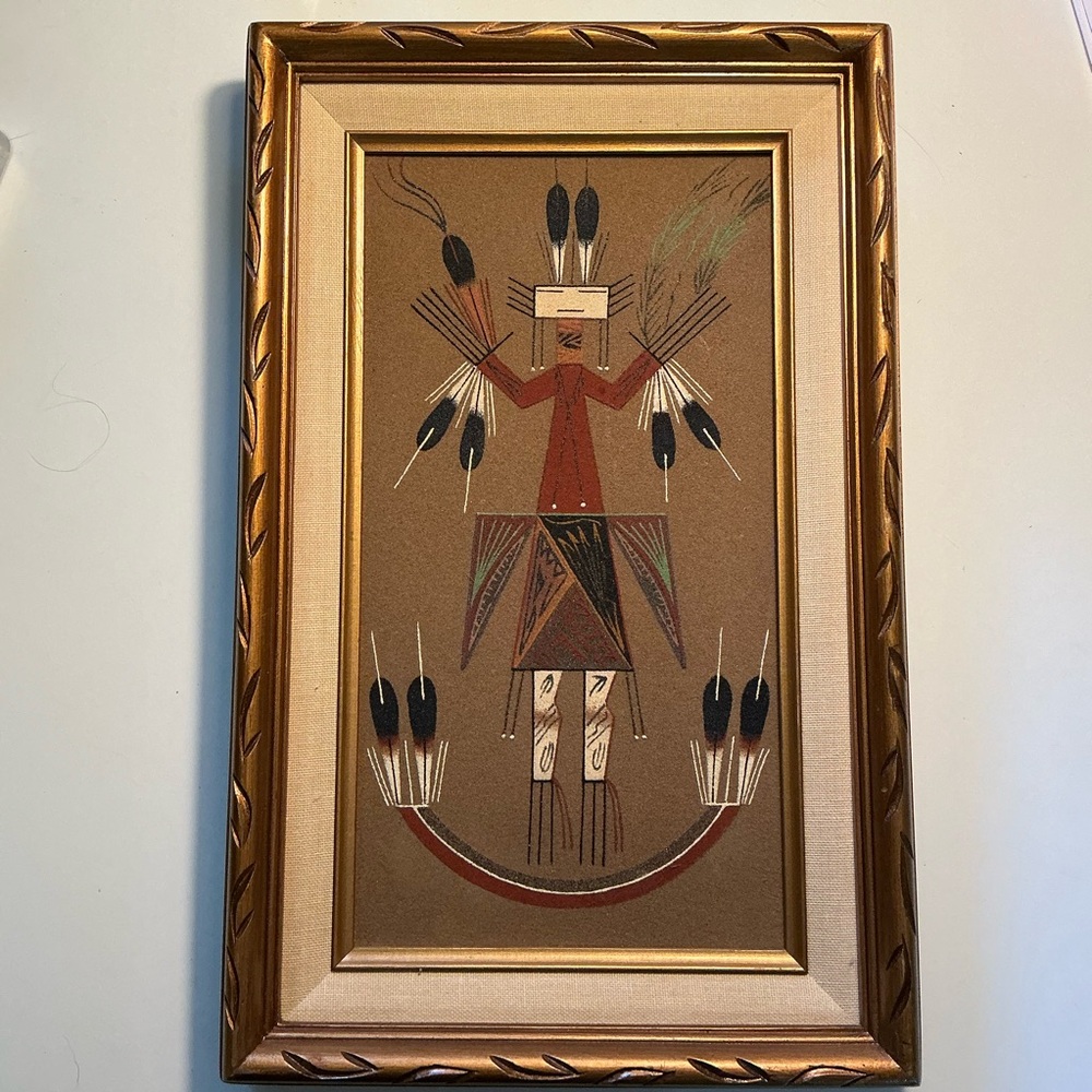 Framed Vintage Navajo Spiritual Sand Painting Yei & Rainbow Signed B’gay READ